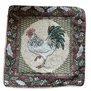 Vintage Rooster tapestry pillow cover ~15” square corded Embroidered zippered‎